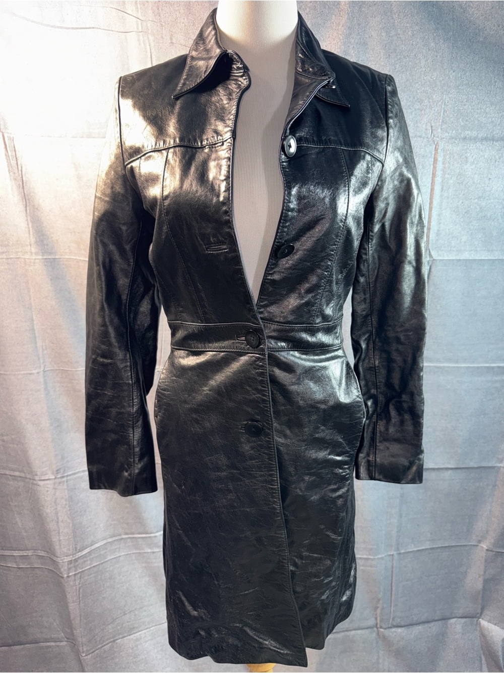 7A-Carlisle Black Leather Long Button-Front Coat
